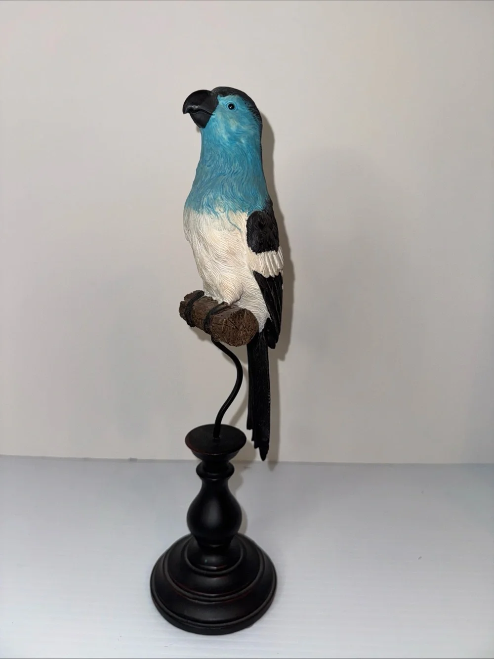 9” Resin Parrot On a Log Figurine On Stand Teal Blue & Black